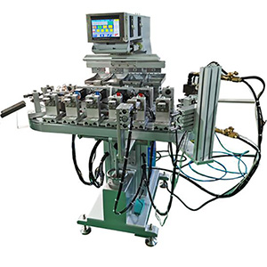 4 Color Pad Printing Machine with Conveyor and rotation Jig (PLC Control) 4 Color Pad Printing Machine with Conveyor and rotation Jig (PLC Control)MP4-PLC